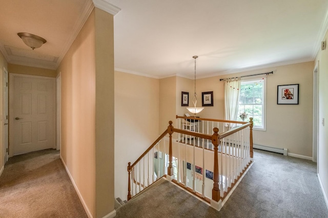 36 Valkill Dr, Poughkeepsie, NY 12601 - hall featuring carpet flooring, an upstairs landing, a baseboard heating unit, ornamental molding, and baseboards
