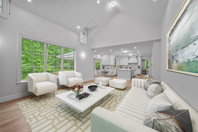 3 Hageman Ct, Katonah, NY 10536 - living room featuring light wood finished floors, high vaulted ceiling, baseboards, and recessed lighting