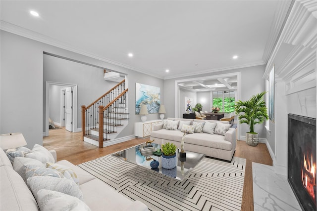 3 Hageman Ct, Katonah, NY 10536 - living room featuring a fireplace with flush hearth, wood finished floors, stairs, a wall mounted AC, and recessed lighting