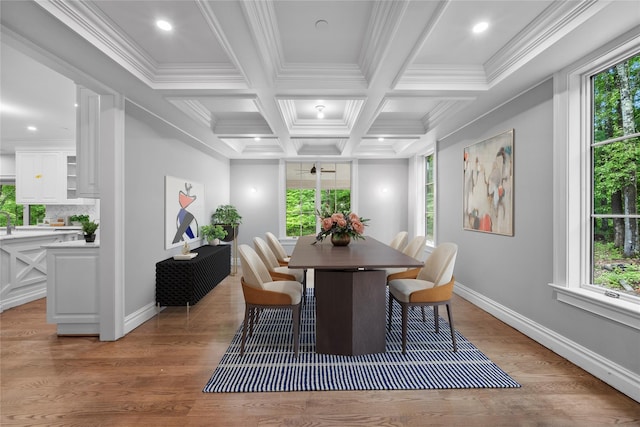 3 Hageman Ct, Katonah, NY 10536 - dining room featuring baseboards, light wood finished floors, coffered ceiling, crown molding, and beam ceiling