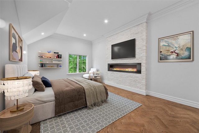 3 Hageman Ct, Katonah, NY 10536 - bedroom featuring baseboards, a stone fireplace, ornamental molding, recessed lighting, and lofted ceiling