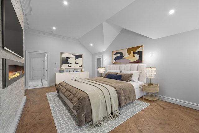3 Hageman Ct, Katonah, NY 10536 - bedroom with baseboards, recessed lighting, a large fireplace, crown molding, and vaulted ceiling