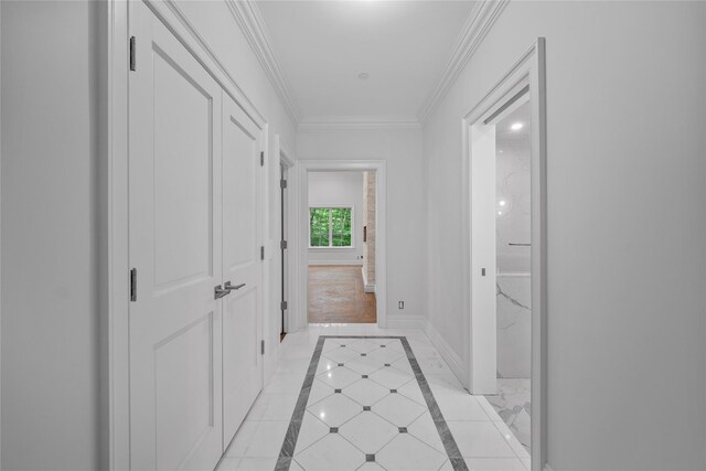 3 Hageman Ct, Katonah, NY 10536 - corridor featuring inlaid floor details, baseboards, and crown molding