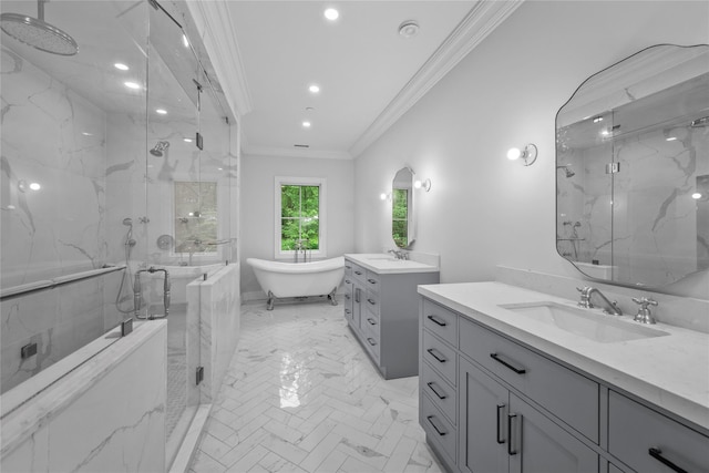 3 Hageman Ct, Katonah, NY 10536 - full bathroom featuring crown molding, a marble finish shower, two vanities, a freestanding tub, and recessed lighting