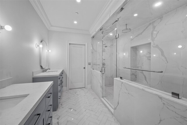 3 Hageman Ct, Katonah, NY 10536 - bathroom featuring a marble finish shower, crown molding, two vanities, marble look tiles, and recessed lighting