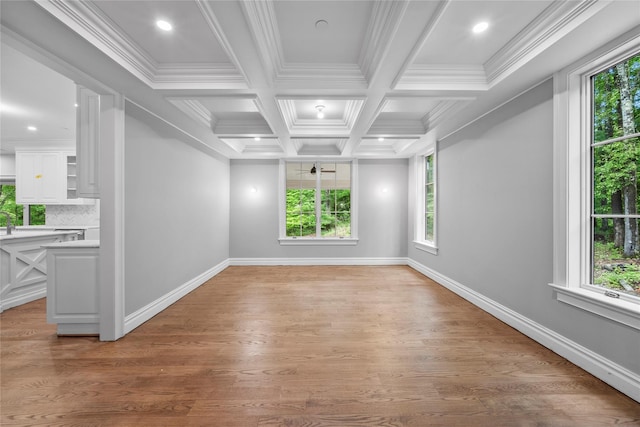 3 Hageman Ct, Katonah, NY 10536 - empty room with baseboards, coffered ceiling, beam ceiling, crown molding, and light wood-type flooring