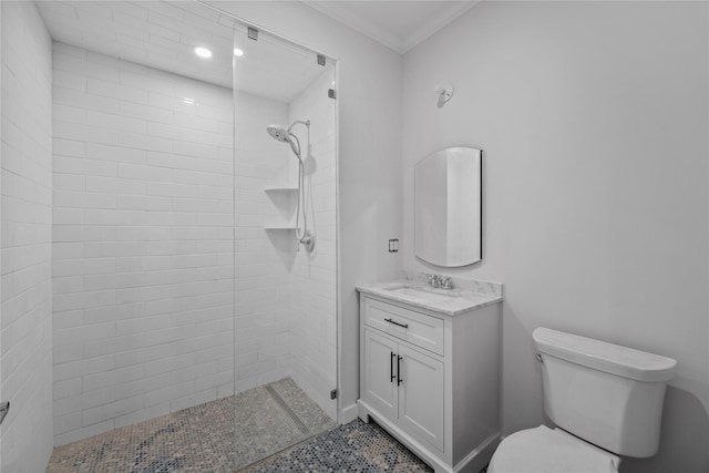 3 Hageman Ct, Katonah, NY 10536 - full bath featuring vanity, toilet, a tile shower, ornamental molding, and recessed lighting