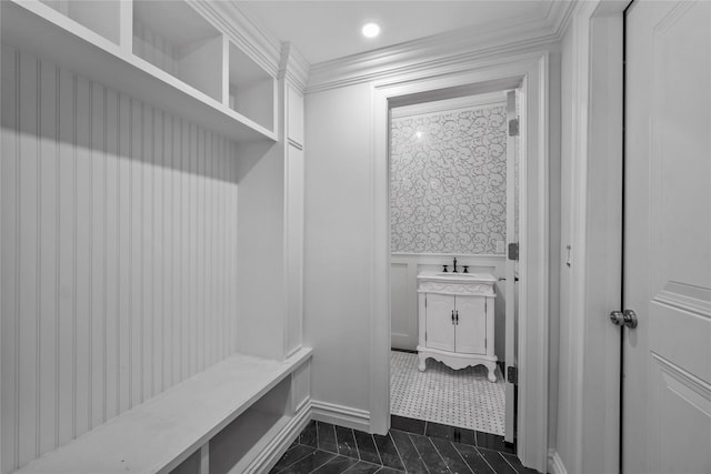 3 Hageman Ct, Katonah, NY 10536 - mudroom with a sink, a wainscoted wall, a decorative wall, crown molding, and recessed lighting