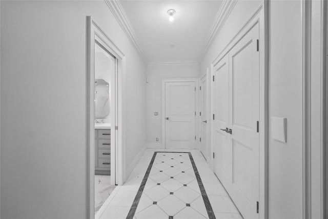 3 Hageman Ct, Katonah, NY 10536 - hall with baseboards, ornamental molding, and a sink