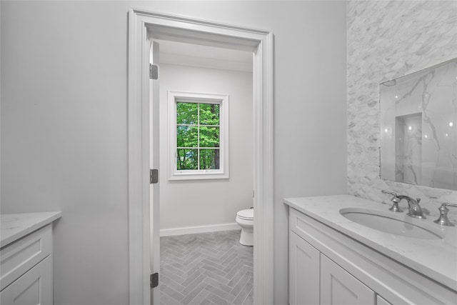 3 Hageman Ct, Katonah, NY 10536 - bathroom featuring vanity, toilet, a marble finish shower, and baseboards