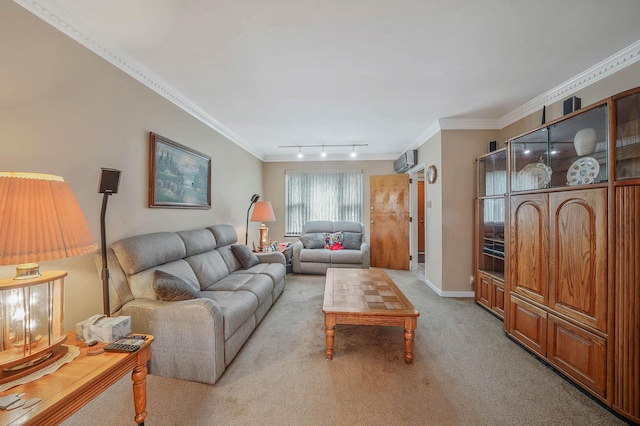 60-51 71st St, Maspeth, NY 11378 - living room featuring light colored carpet, an AC wall unit, and ornamental molding