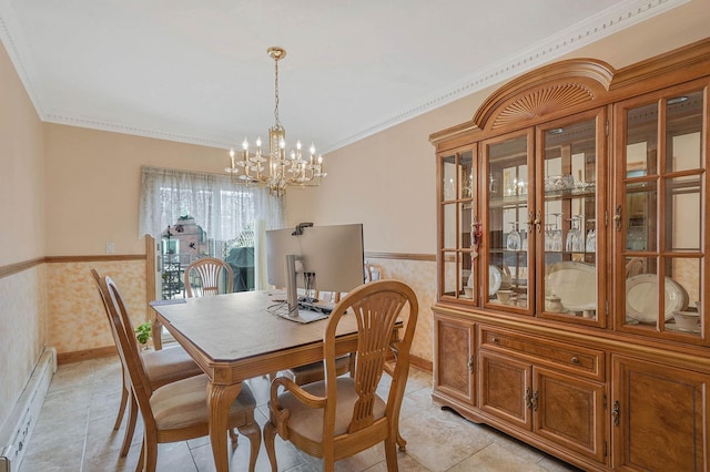 60-51 71st St, Maspeth, NY 11378 - dining area featuring a baseboard radiator, a chandelier, wainscoting, ornamental molding, and light tile patterned flooring