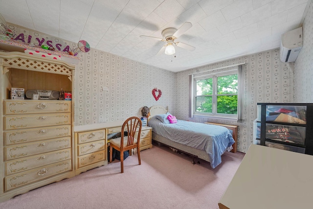 60-51 71st St, Maspeth, NY 11378 - bedroom with wallpapered walls, a wall mounted AC, light carpet, ceiling fan, and an office area
