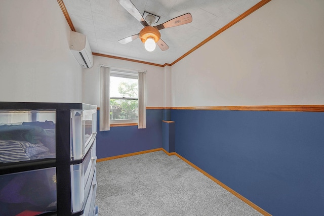 60-51 71st St, Maspeth, NY 11378 - unfurnished bedroom with a wall mounted air conditioner, carpet flooring, ornamental molding, baseboards, and ceiling fan