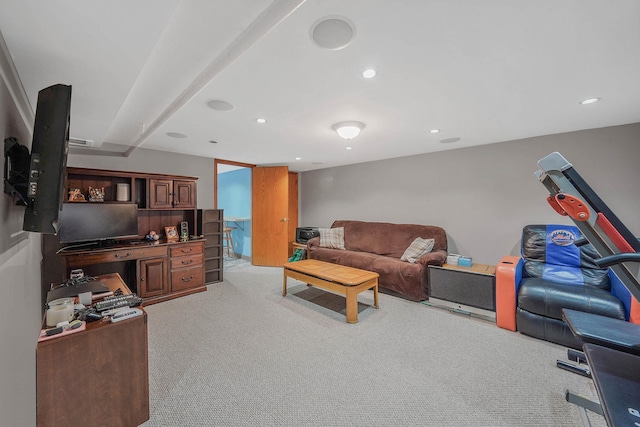 60-51 71st St, Maspeth, NY 11378 - living room featuring light carpet and recessed lighting
