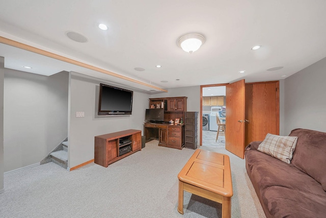 60-51 71st St, Maspeth, NY 11378 - living room featuring baseboards, stairway, light carpet, recessed lighting, and washer / clothes dryer