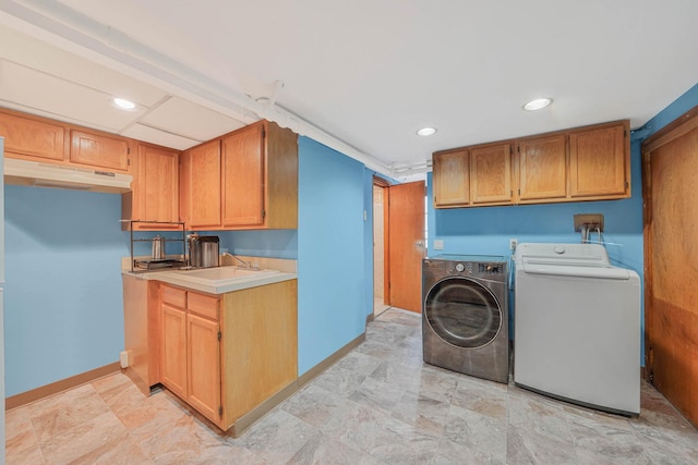 60-51 71st St, Maspeth, NY 11378 - laundry area featuring independent washer and dryer, baseboards, cabinet space, and recessed lighting