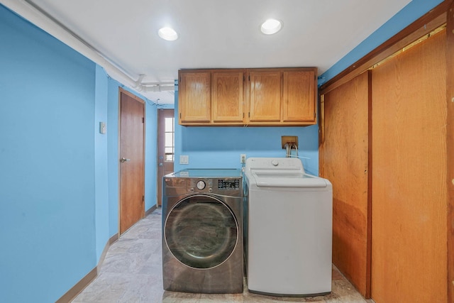 60-51 71st St, Maspeth, NY 11378 - laundry room featuring washing machine and clothes dryer, cabinet space, baseboards, and recessed lighting