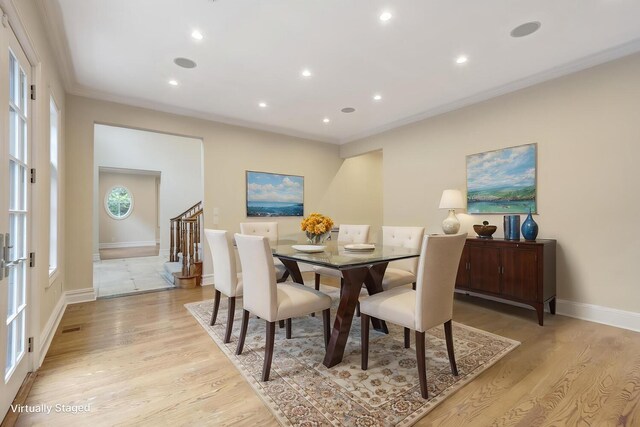 30A Shelter Rock Rd, Manhasset, NY 11030 - dining area featuring light wood finished floors, stairway, recessed lighting, baseboards, and ornamental molding