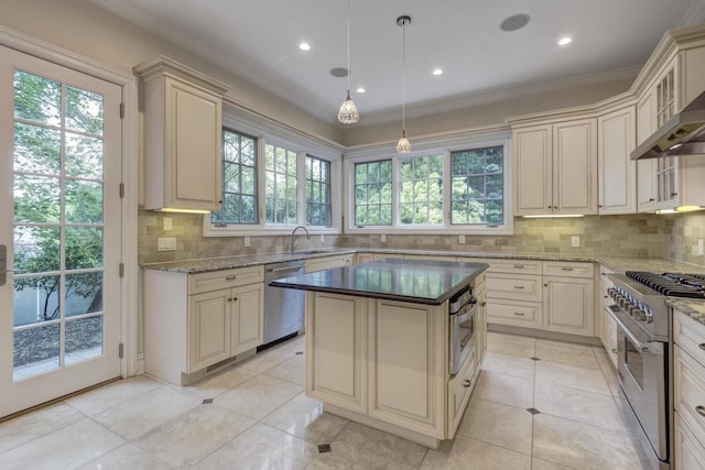 30A Shelter Rock Rd, Manhasset, NY 11030 - kitchen with appliances with stainless steel finishes, cream cabinets, a sink, backsplash, and dark stone countertops