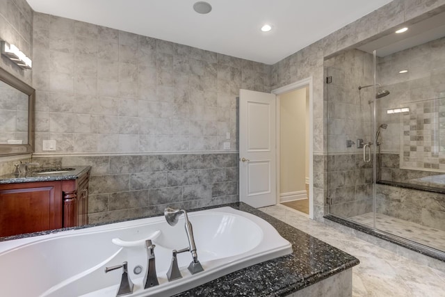 30A Shelter Rock Rd, Manhasset, NY 11030 - full bath with a stall shower, a garden tub, vanity, recessed lighting, and baseboards
