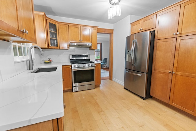 16 Lyncrest Rd, Cortlandt Manor, NY 10567 - kitchen featuring stainless steel appliances, under cabinet range hood, light wood-style floors, glass insert cabinets, and light stone counters
