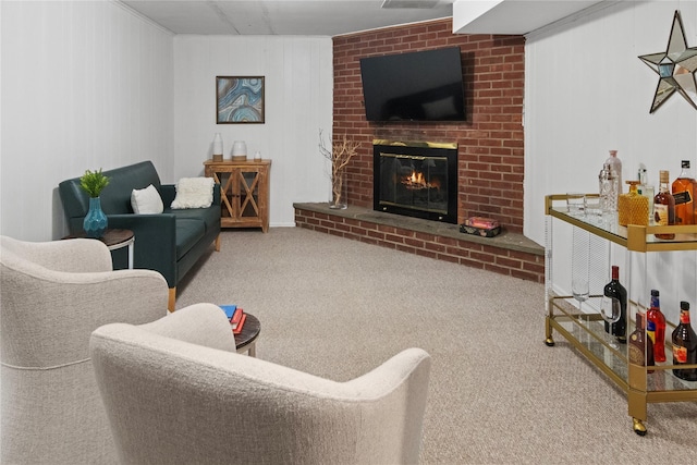 16 Lyncrest Rd, Cortlandt Manor, NY 10567 - carpeted living area with a brick fireplace