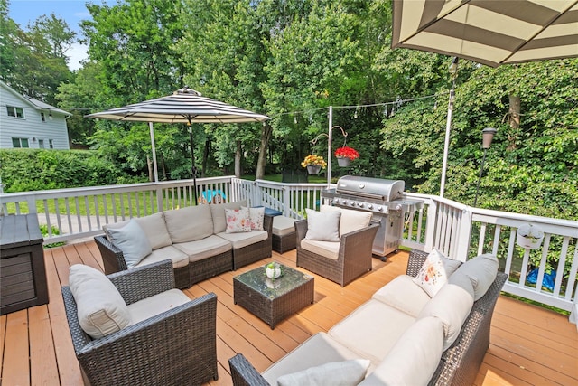 16 Lyncrest Rd, Cortlandt Manor, NY 10567 - wooden terrace featuring an outdoor hangout area, grilling area, and view of wooded area