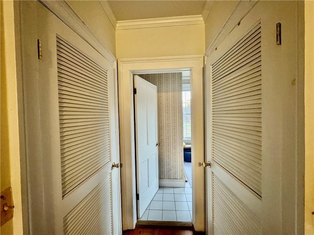 255 Howells Rd, Middletown, NY 10940 - corridor with crown molding, wallpapered walls, and dark wood-style floors