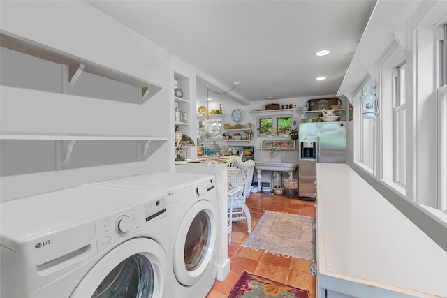 83 Tennanah Lake Rd, Roscoe, NY 12776 - washroom featuring washer and dryer, recessed lighting, and stone tile floors