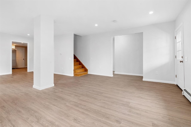 8 Chestnut St, Middletown, NY 10940 - unfurnished living room featuring stairway, recessed lighting, baseboards, and light wood finished floors