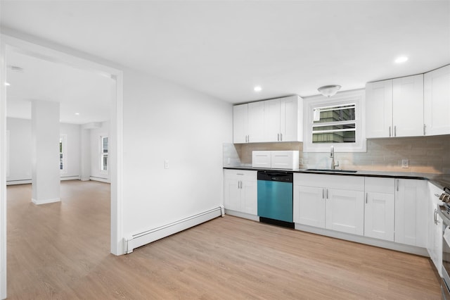 8 Chestnut St, Middletown, NY 10940 - kitchen with dishwashing machine, a baseboard heating unit, a sink, light wood-style floors, and decorative backsplash