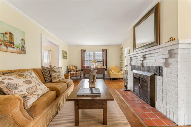 21 Chester Pl, New Rochelle, NY 10801 - living room featuring dark wood-style flooring, a brick fireplace, and ornamental molding