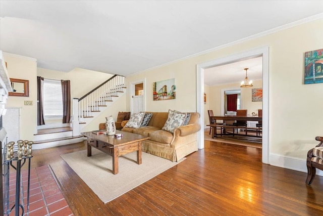 21 Chester Pl, New Rochelle, NY 10801 - living room with ornamental molding, a brick fireplace, dark wood-style floors, stairway, and baseboards
