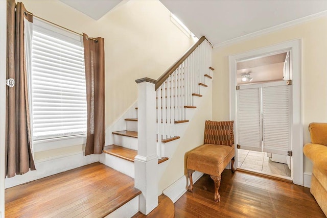 21 Chester Pl, New Rochelle, NY 10801 - stairway featuring wood finished floors and crown molding