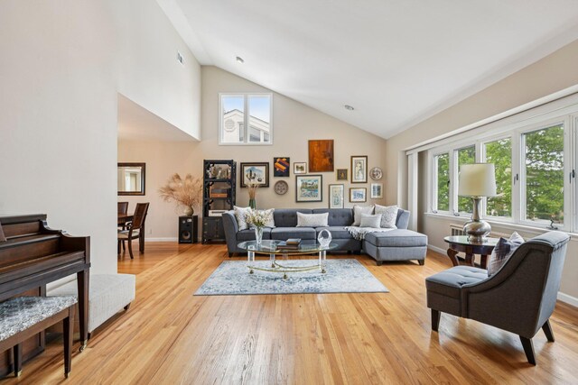 904 Woodmere Dr, North Woodmere, NY 11581 - living room with high vaulted ceiling, wood finished floors, and baseboards
