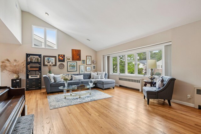 904 Woodmere Dr, North Woodmere, NY 11581 - living area featuring radiator, high vaulted ceiling, wood finished floors, and baseboards