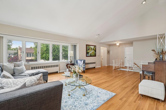 904 Woodmere Dr, North Woodmere, NY 11581 - living area with radiator heating unit, healthy amount of natural light, light wood-style floors, and high vaulted ceiling