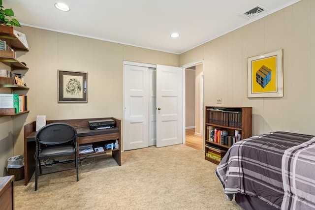 904 Woodmere Dr, North Woodmere, NY 11581 - bedroom featuring crown molding, carpet floors, recessed lighting, and an office area