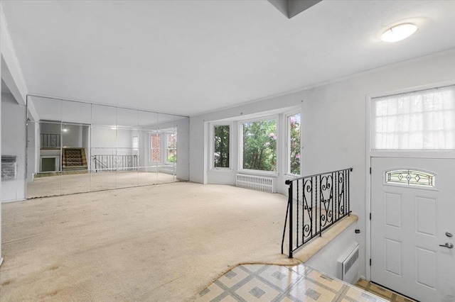 18 Overlook Ln, Plainview, NY 11803 - entryway featuring radiator, carpet flooring, and plenty of natural light