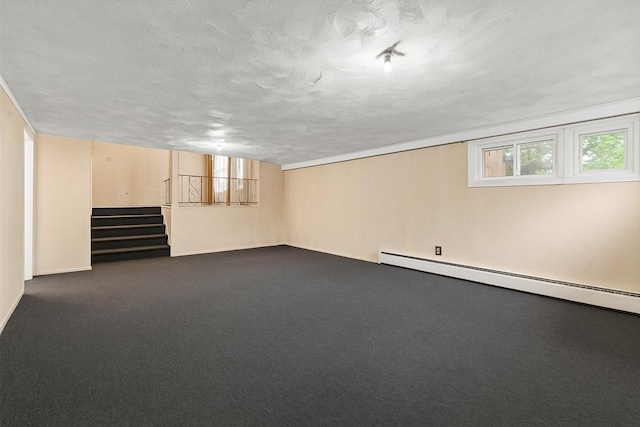 18 Overlook Ln, Plainview, NY 11803 - below grade area with stairway, dark carpet, a textured ceiling, a baseboard radiator, and baseboards