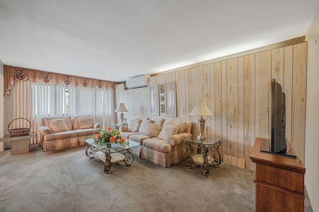 47-04 167th St, Flushing, NY 11358 - living area with a wall mounted air conditioner, carpet floors, and wood walls