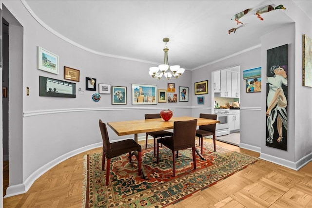 750 Kappock St Unit 1A, Bronx, NY 10463 - dining room featuring a chandelier, baseboards, and ornamental molding