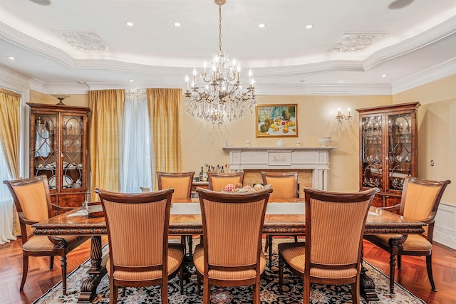 184-61 Radnor Rd, Jamaica Estates, NY 11432 - dining space featuring crown molding, a chandelier, a tray ceiling, and recessed lighting