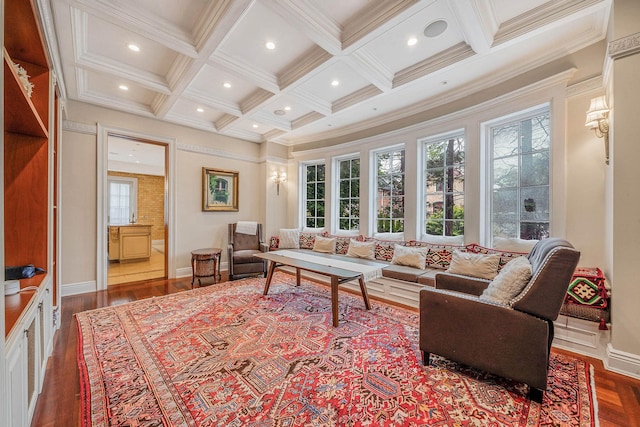 184-61 Radnor Rd, Jamaica Estates, NY 11432 - living area with coffered ceiling, dark wood finished floors, ornamental molding, beam ceiling, and recessed lighting