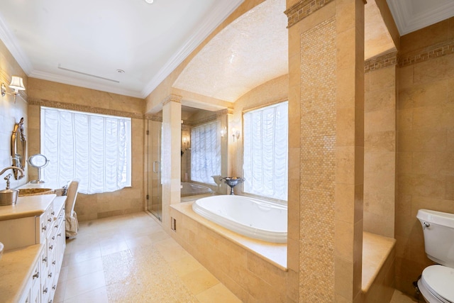 184-61 Radnor Rd, Jamaica Estates, NY 11432 - full bath featuring toilet, a bath, a stall shower, crown molding, and vanity