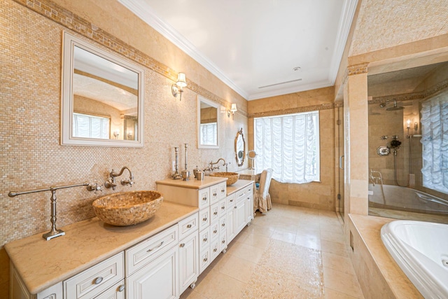 184-61 Radnor Rd, Jamaica Estates, NY 11432 - bathroom featuring tile walls, double vanity, a shower stall, crown molding, and tile patterned flooring