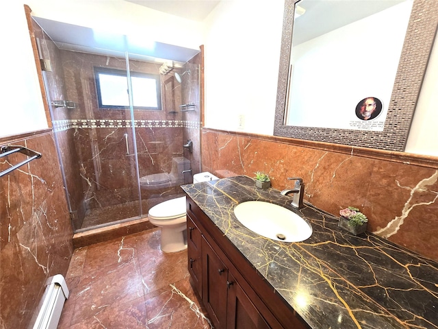 1 Terry Ln, Jericho, NY 11753 - full bathroom with marble tiled flooring, toilet, a baseboard heating unit, vanity, and a stall shower