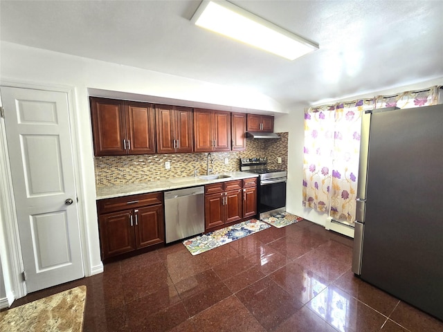 1 Terry Ln, Jericho, NY 11753 - kitchen featuring appliances with stainless steel finishes, under cabinet range hood, granite floors, light countertops, and a baseboard heating unit