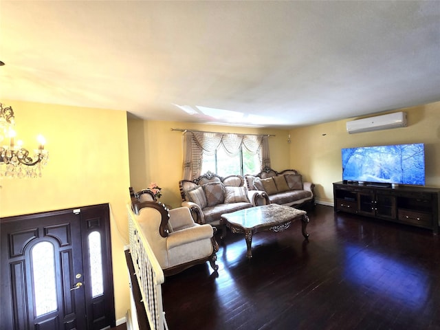 1 Terry Ln, Jericho, NY 11753 - living room with a wall mounted AC, a chandelier, and wood finished floors